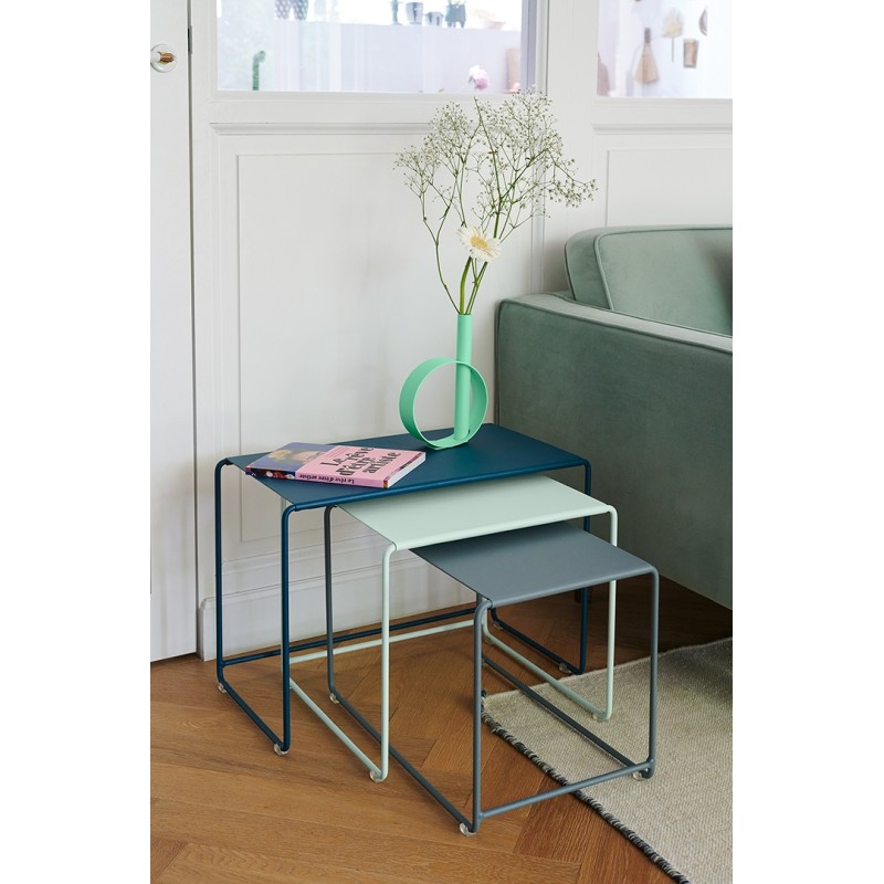 OULALA Set de 3 tables gigognes Bleu acapulco/ Gris Orage/ Menthe Glaciale