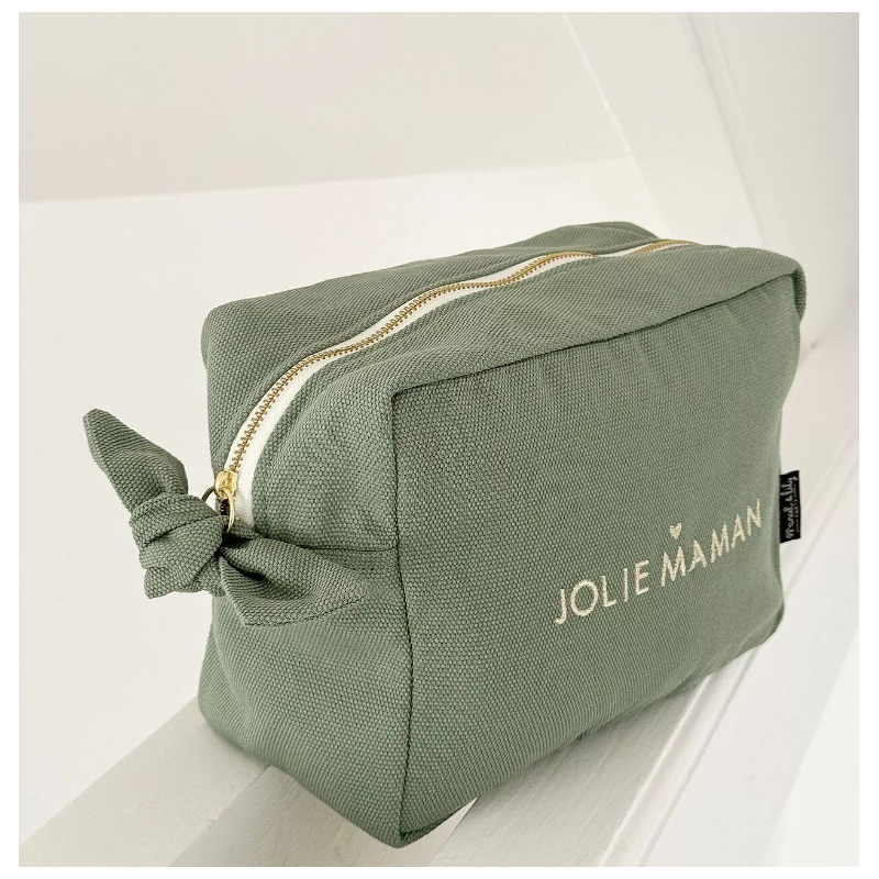 Grande Trousse de toilette brodée "Jolie Maman" Sauge