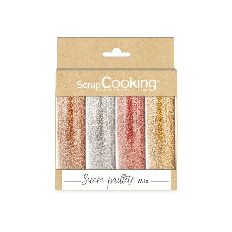 Pack de 4 sucres pailletés or, or rose, argent, rubis 76g