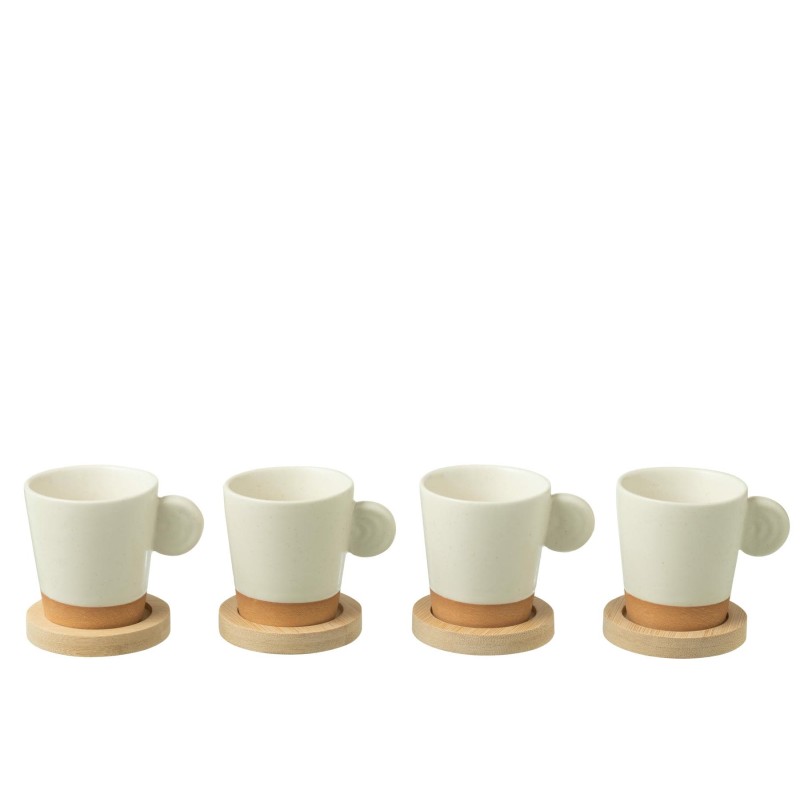 Boite 4 Tasses A Cafe + Base Bambou Ceramique Blanc/Naturel