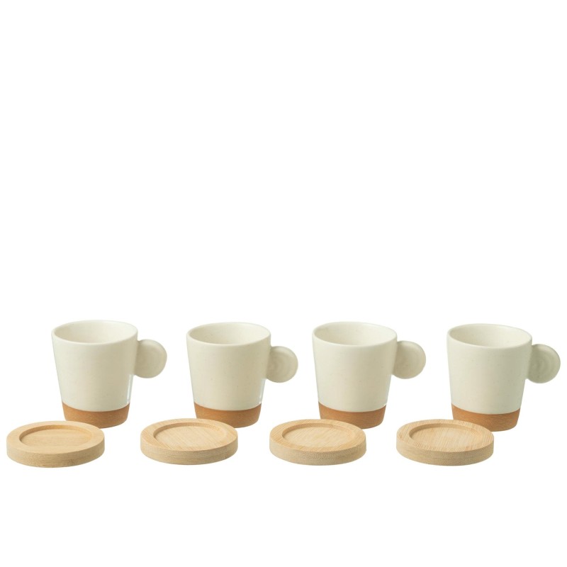 Boite 4 Tasses A Cafe + Base Bambou Ceramique Blanc/Naturel