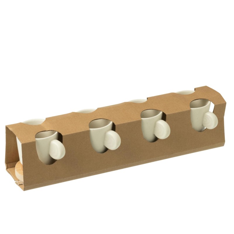 Boite 4 Tasses A Cafe + Base Bambou Ceramique Blanc/Naturel