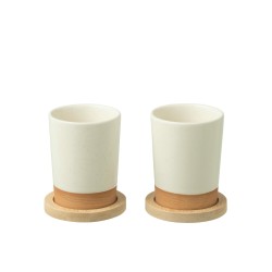 Boite 2 Tasses/Mug + Base Bambou Ceramique Blanc/Naturel
