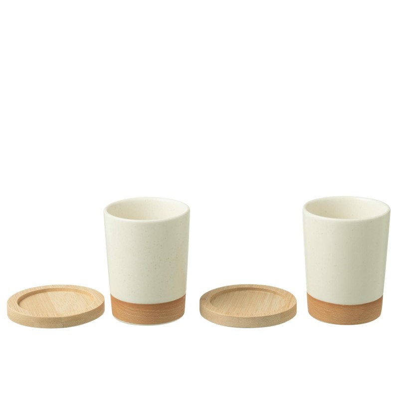 Boite 2 Tasses/Mug + Base Bambou Ceramique Blanc/Naturel