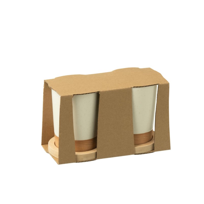 Boite 2 Tasses/Mug + Base Bambou Ceramique Blanc/Naturel