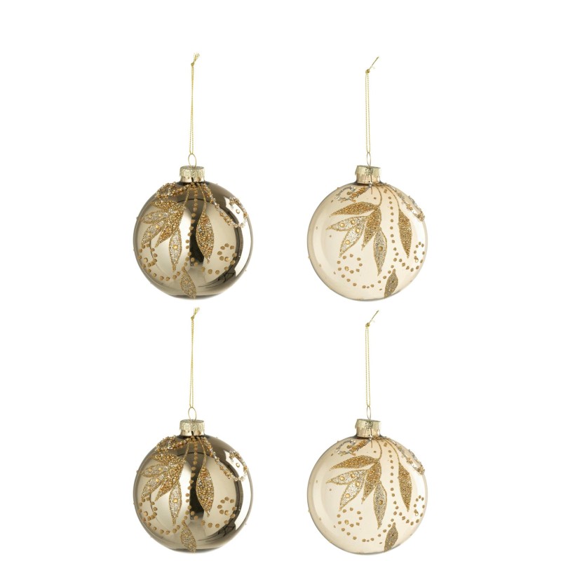 Boule De Noël Feuilles + Pois Verre Doré S/4