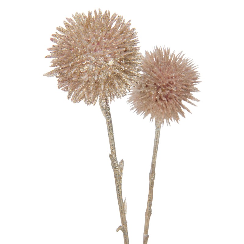 Branche Echinops 5 fleurs paillettes rose champagne