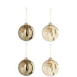 Boule De Noël Feuilles + Pois Verre Doré S/4