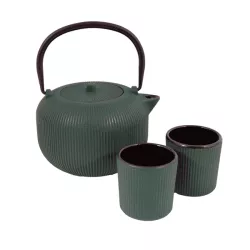 Théière et 2 tasses en fonte vert anglais