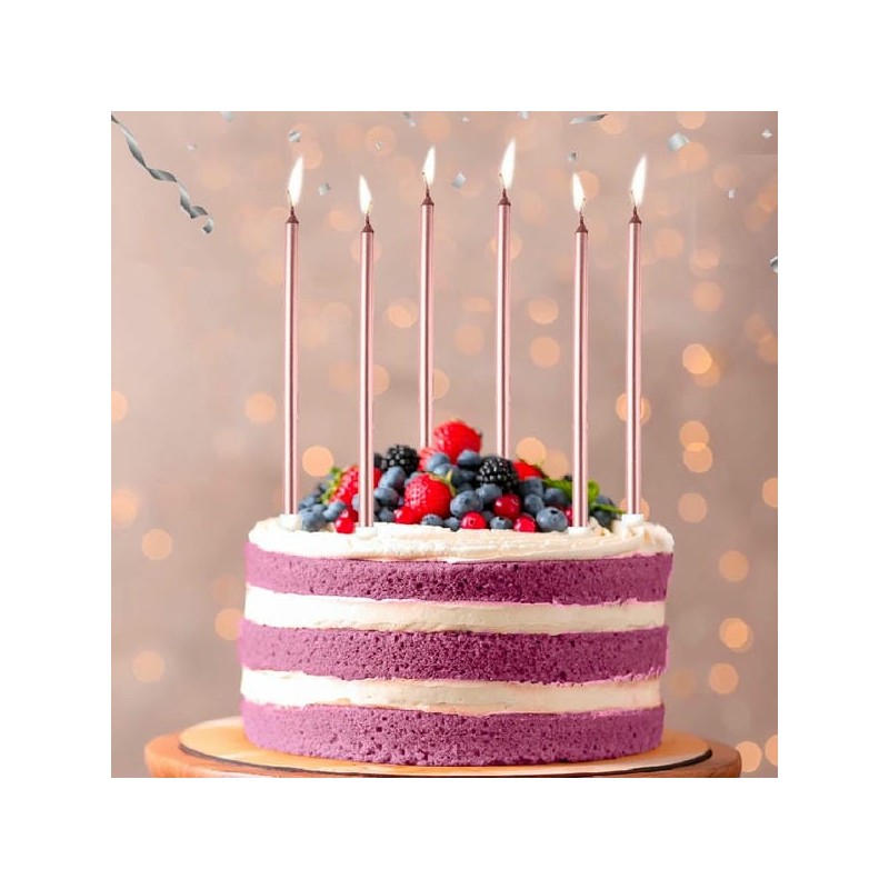 Bougies longues anniversaire S/6 Rose métalisé