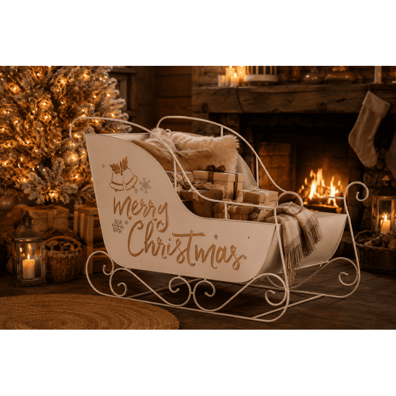 Traîneau de Noël XXL Métal Blanc Doré J-Line 120 cm | Carredesse