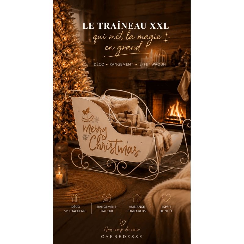 Traîneau de Noël XXL Métal Blanc Doré J-Line 120 cm | Carredesse